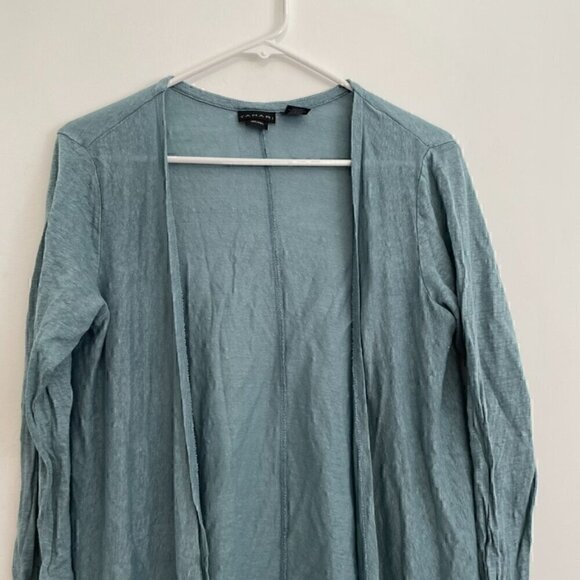 TAHARI Solid Blue Asymmetrical Open Front 100% Linen Boho Long Cardigan Sweater - Picture 3 of 13
